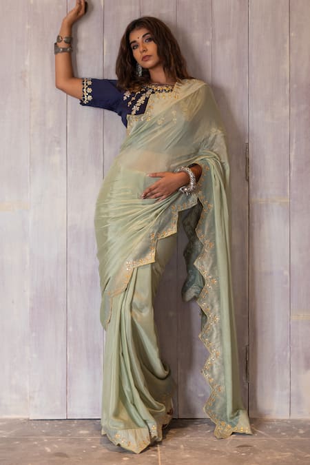 The Home Affair Green Chiffon, , Satin Zig-zag Border Saree With Embellished Blouse Online at Aza Fashions The Home Affair_Green Chiffon, , Satin Zig-zag Border Saree With Embellished Blouse _Online_at_Aza_Fashions