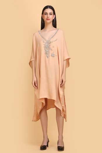 Label Ivish_Beige Silk, Chiffon Diamonds V-neck Diamante Embroidered Kaftan _Online_at_Aza_Fashions