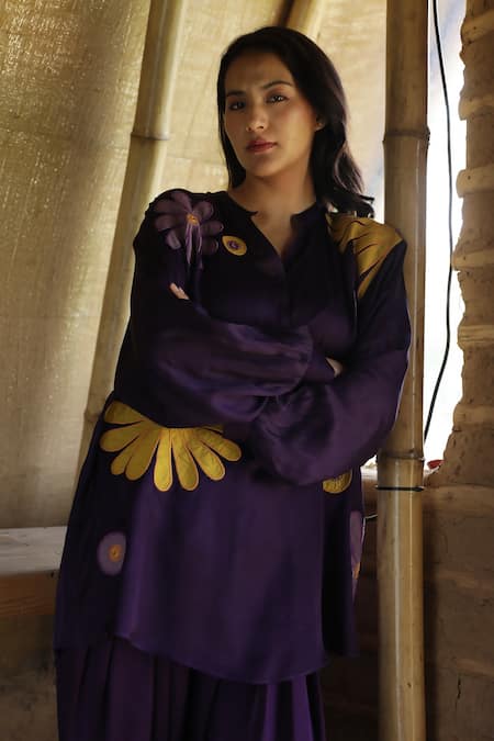 Raiman_Purple Modal, Satin Embroidery Bandeau Neck Floral Patchwork Kurta And Salwar Set _Online_at_Aza_Fashions