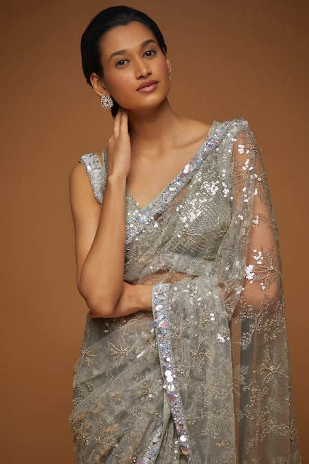 Neeta Lulla Grey Tulle Embroidery Crystals V Neck Vesper Sheer Saree With Blouse  3