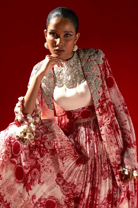 Bhumika Sharma_Red Georgette Tassels, Embroidery Square Blossom Print Anarkali And Jacket Set _Online_at_Aza_Fashions