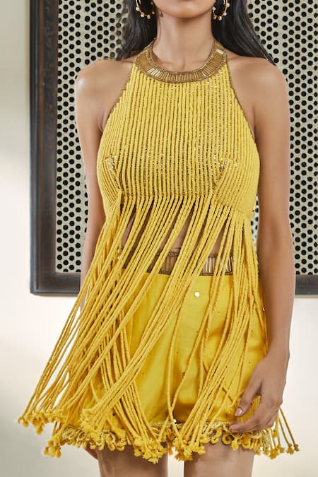 Surily G_Yellow Chanderi Ribbons Halter Neck Rope Embroidered Top _Online_at_Aza_Fashions