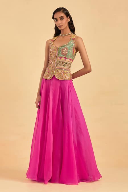 Aum By Asit And Ashima Green Organza Beads, Cut Work, Hand Embroidered Floral Bloom Corset With Skirt Online at Aza Fashions Aum By Asit And Ashima_Green Organza Beads, Cut Work, Hand Embroidered Floral Bloom Corset With Skirt _Online_at_Aza_Fashions