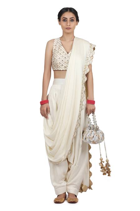 Seema Nanda_Ivory Bamberg Satin Embroidery Gota Patti Hasrat Pant Saree With Strappy Blouse_Online_at_Aza_Fashions