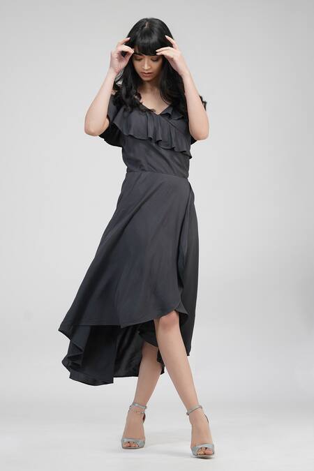 Shruti S_Grey Modal Sequins V-neck Cold Shoulder Asymmetric Wrap Dress_Online_at_Aza_Fashions