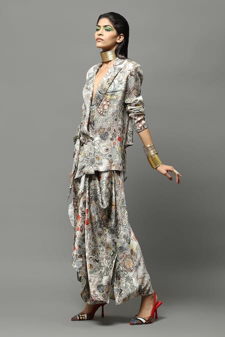 Shop AK-OK Multi Color Satin Embroidery Abstract Print Deconstructed Blazer And Skirt Set Online at Aza Fashions Shop_AK-OK_Multi Color Satin Embroidery Abstract Print Deconstructed Blazer And Skirt Set _Online_at_Aza_Fashions