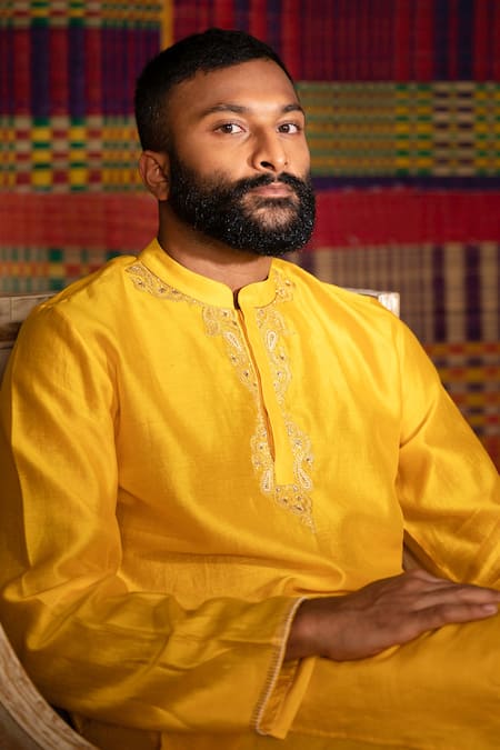 Deep Thee_Yellow Chanderi Embroidery Haldi Neckline Kurta Set _Online_at_Aza_Fashions