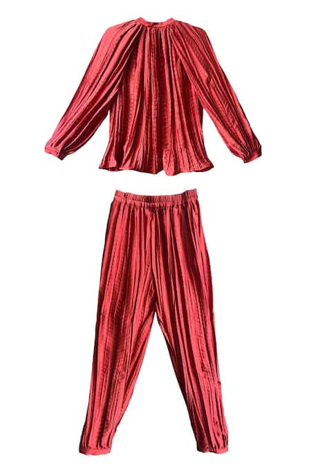 Buy Dash And Dot Brown 100% Recycled Polyester Band Collar Hand-crushed Shirt And Pant Set Online at Aza Fashions Buy_Dash And Dot_Brown 100% Recycled Polyester Band Collar Hand-crushed Shirt And Pant Set _Online_at_Aza_Fashions