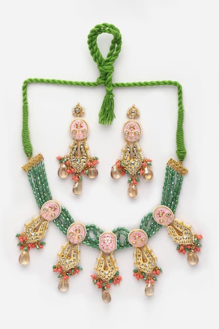 Dugran By Dugristyle_Pink Diamonds, Metallic Thread Kundan Embellished Choker Set _Online_at_Aza_Fashions
