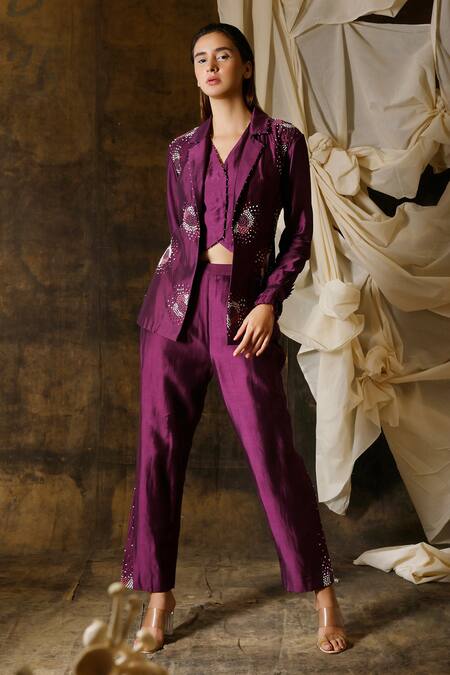 Eclat By Prerika Jalan_Wine Silk, Chanderi Pearls, Embroidery Collared Hand Jacket And Pant Set _Online_at_Aza_Fashions