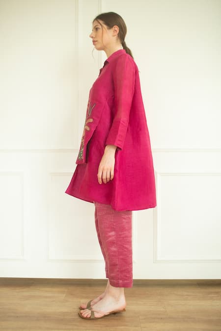 Oja_Pink Pant  , Tunic  Linen Hand Embroidered And Set _Online_at_Aza_Fashions
