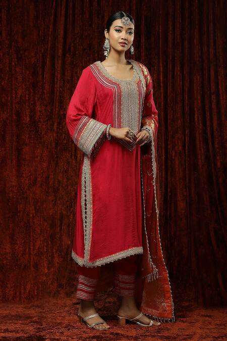 Shikhar Sharma Red Silk Chanderi Embroidered Pearl Round Full Sleeve Kurta Pant Set Online at Aza Fashions Shikhar Sharma_Red Silk Chanderi Embroidered Pearl Round Full Sleeve Kurta Pant Set _Online_at_Aza_Fashions