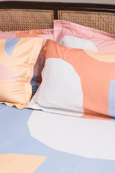 Kyoona_Blue 100% Cotton, Satin Weave Semi Polka Phases Of Moon Bedcover Set_Online_at_Aza_Fashions