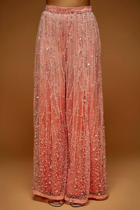 Neeta Lulla_Peach Tulle Sequins, Beads, Crystals V-neck Kirsi Embroidered Kurta Sharara Set_Online_at_Aza_Fashions