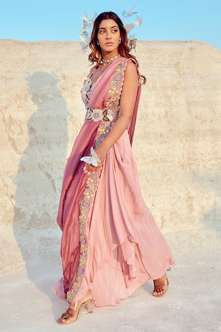 Buy Nikita Vishakha Purple Organza, Crepe, Jacquard Embroidery, Zari, Blouse With Pre-draped Saree Online at Aza Fashions Buy_Nikita Vishakha_Purple Organza, Crepe, Jacquard Embroidery, Zari, Blouse With Pre-draped Saree _Online_at_Aza_Fashions