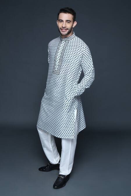 Buy_Sanjev Marwaaha_Grey Cotton, Silk Sequins, Beads, Cut Work Block Print Kurta Set_Online_at_Aza_Fashions