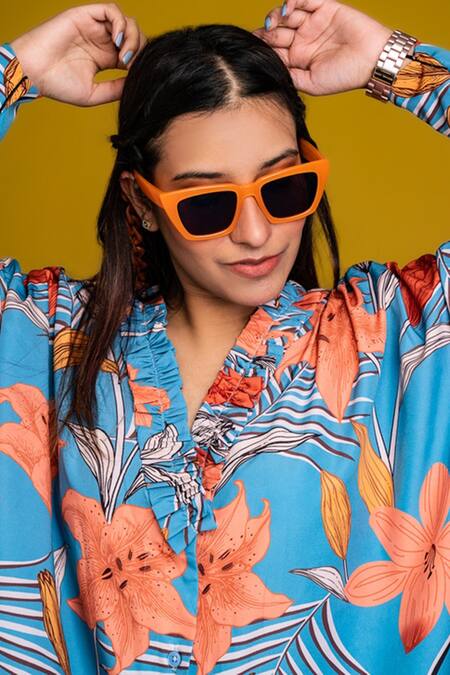Fuga_Blue V-neck Daylily Oversized Shirt_Online_at_Aza_Fashions