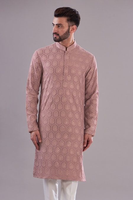 Kasbah_Cream Silk, Cotton Embroidery Chand Floral Kurta_Online_at_Aza_Fashions