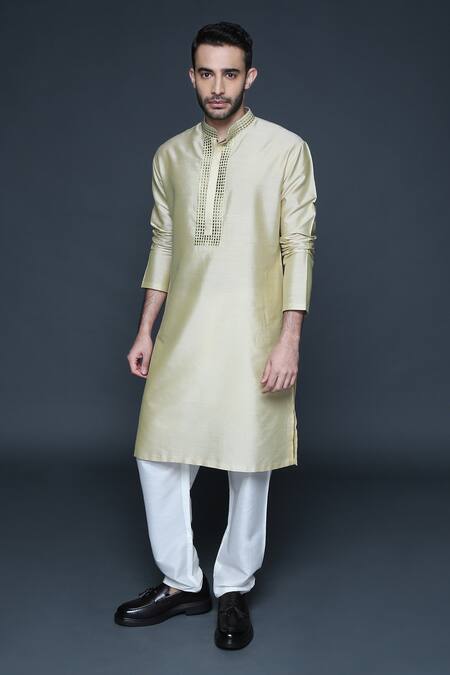 Sanjev Marwaaha_Beige Cotton, Silk Embroidery Placket Kurta Set_Online_at_Aza_Fashions