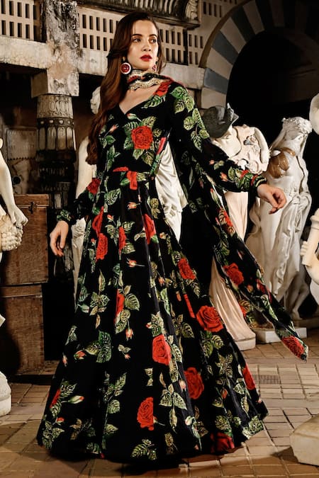 Sanam_Black Silk Sequins Asymmetric Fleur Rose Pattern Anarkali With Dupatta _Online_at_Aza_Fashions