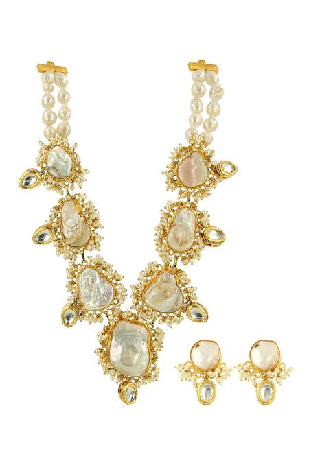 Ishhaara Gold Plated Pearls Kundan Shell Necklace Set Online at Aza Fashions Ishhaara_Gold Plated Pearls Kundan Shell Necklace Set _Online_at_Aza_Fashions
