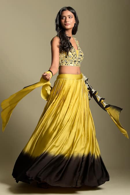 Two Sisters By Gyans Black Crepe, Dupatta Net Mirror And Resham Ombre Lehenga Embroidered Blouse Set Online at Aza Fashions Two Sisters By Gyans_Black Crepe, Dupatta Net Mirror And Resham Ombre Lehenga Embroidered Blouse Set _Online_at_Aza_Fashions