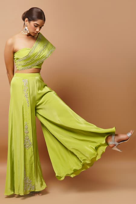Ahi Clothing Green Crepe Sequins, Zari One Shoulder Embroidered Bustier And Palazzo Set Online at Aza Fashions Ahi Clothing_Green Crepe Sequins, Zari One Shoulder Embroidered Bustier And Palazzo Set _Online_at_Aza_Fashions
