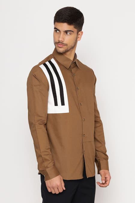 Lacquer Embassy_Brown Cotton Carey Color Block Panel Shirt _Online_at_Aza_Fashions