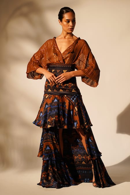 Nikita Mhaisalkar_Blue Cotton Satin High Waisted Aztec Print Skirt _Online_at_Aza_Fashions