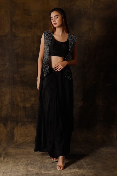 Eclat By Prerika Jalan_Black Organza, Muslin, Crepe Sequins Round Asymmetric Cape And Draped Skirt Set _Online_at_Aza_Fashions