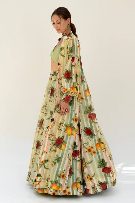 Buy_Sanam_Multi Color Silk Organza Embroidery Elena Floral Pattern Long Jacket Lehenga Set _Online_at_Aza_Fashions