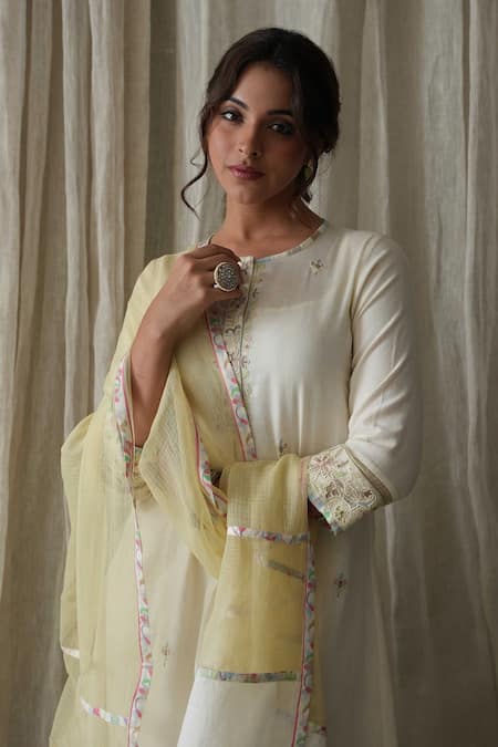 Kanika Sharma Off White Cotton, Modal, Kota Doria Embroidery Round Kurta Printed Palazzo Set Online at Aza Fashions Kanika Sharma_Off White Cotton, Modal, Kota Doria Embroidery Round Kurta Printed Palazzo Set _Online_at_Aza_Fashions