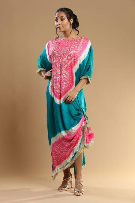 Etasha by Asha Jain_Green Gabardine Embroidery Round Neck Draped Bandhani Kaftan _Online_at_Aza_Fashions