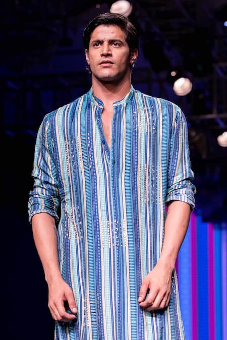 Krisha Sunny Ramani Blue Silk Beads, Embroidery Striped Printed Kurta And Pant Set Online at Aza Fashions Krisha Sunny Ramani_Blue Silk Beads, Embroidery Striped Printed Kurta And Pant Set _Online_at_Aza_Fashions