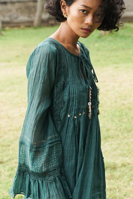 Baju_Green 40% , 60% , Chanderi Lola Pintucked Maxi Dress_Online_at_Aza_Fashions