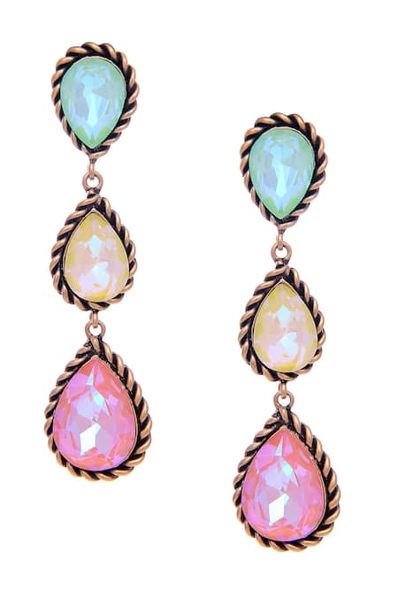 Ishhaara_Multi Color Crystals Layered Tear Drop Shaped Earrings _Online_at_Aza_Fashions