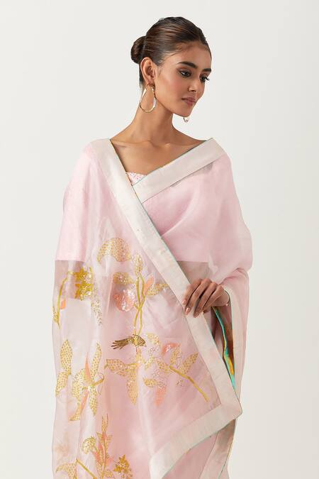 Label Earthen_Pink Organza Silk Embroidered Floral Sweetheart Neck Saree With Blouse _Online_at_Aza_Fashions