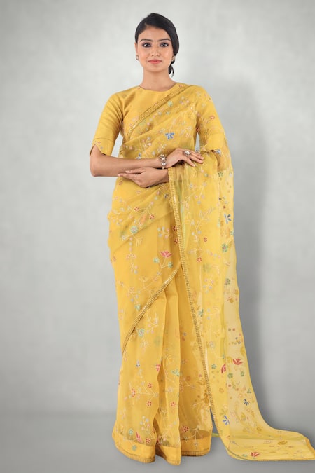 I Am Design_Yellow Raw , Organza Aari Crew Neck Saree With Blouse _Online_at_Aza_Fashions