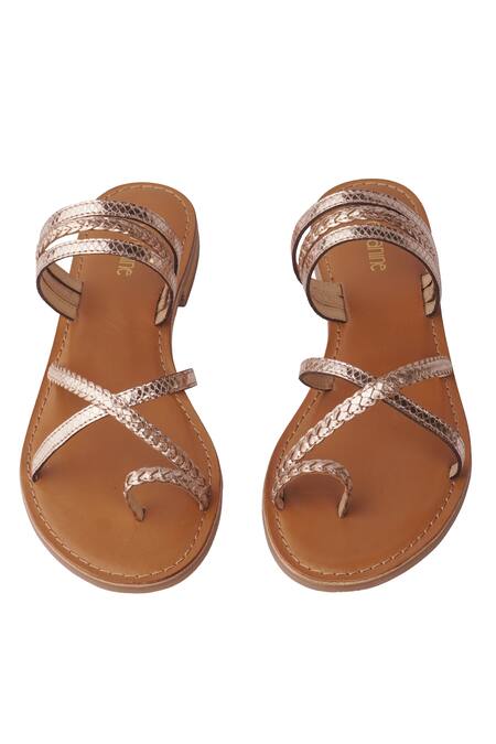 Nine By Janine_Gold Textured And Braided Pattern Esmeralda Leather Flats _Online_at_Aza_Fashions