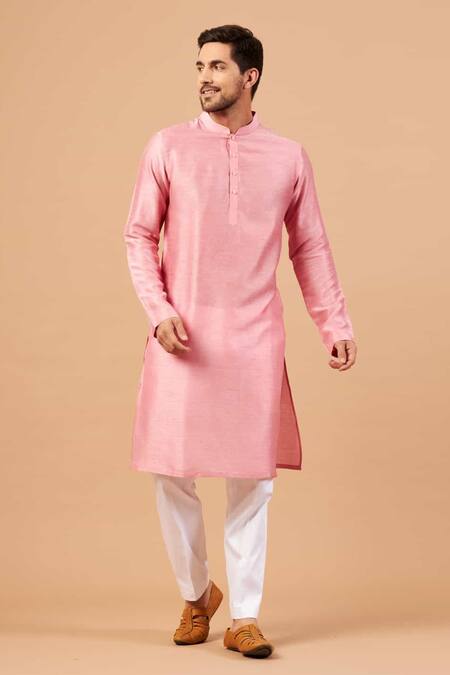 Hilo Design_Pink Cotton, Silk, Lycra Solid Mandarin Collar Kurta Set _Online_at_Aza_Fashions