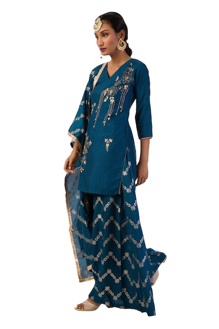 Meghna Shah Blue Denim Beads, Stones V-neck Embroidered Kurta Palazzo Set Online at Aza Fashions Meghna Shah_Blue Denim Beads, Stones V-neck Embroidered Kurta Palazzo Set _Online_at_Aza_Fashions