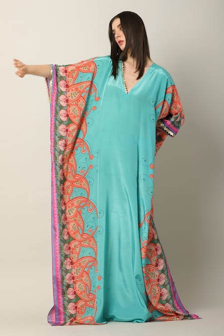 Limerick By Abirr N' Nanki_Multi Color Crepe Embroidery Plunge Neck Danya Paisley Print Kaftan _Online_at_Aza_Fashions