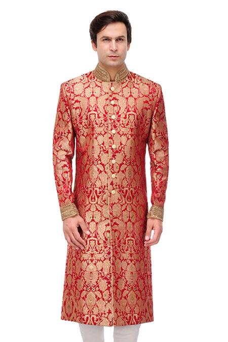 A!A By Abrar Ali_Wine Pu Woven Floral Motifs Pure Silk Brocade Sherwani_Online_at_Aza_Fashions