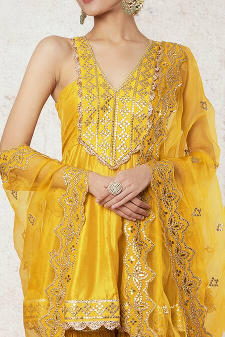 Buy Gopi Vaid Yellow Tussar, Organza Foil Printing, Nabha Embellished Peplum Top Sharara Set Online at Aza Fashions Buy_Gopi Vaid_Yellow Tussar, Organza Foil Printing, Nabha Embellished Peplum Top Sharara Set _Online_at_Aza_Fashions