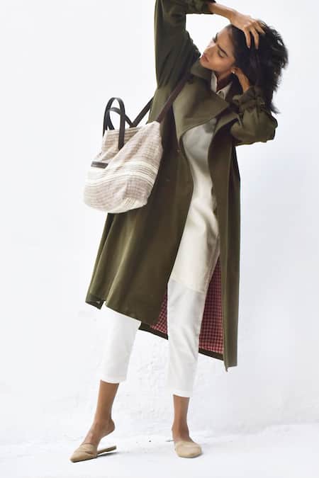 Kharakapas_Green Twill Double Breasted Trench Coat _Online_at_Aza_Fashions