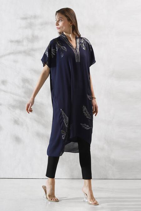 RANNA GILL_Blue Crinkle Georgette Embroidery Sequin Shawl Collar Neck Tunic _Online_at_Aza_Fashions