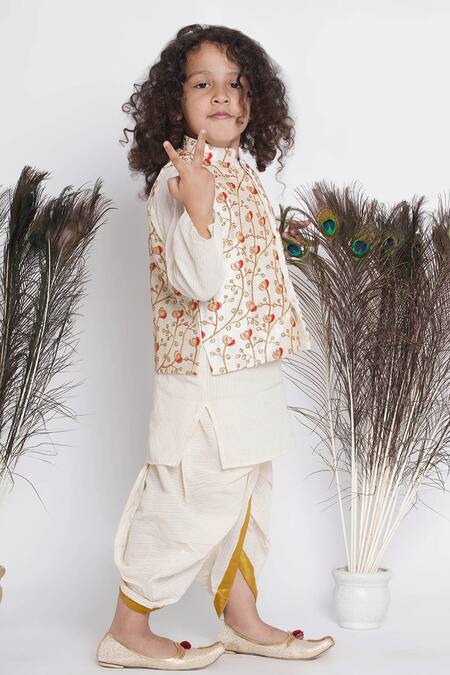 Buy Little Bansi Cream Silk, Cotton Embroidery Floral Bundi Kurta Set Online at Aza Fashions Buy_Little Bansi_Cream Silk, Cotton Embroidery Floral Bundi Kurta Set _Online_at_Aza_Fashions
