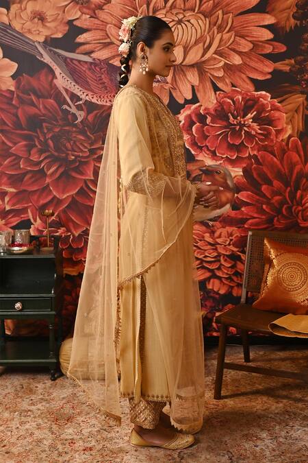 Moledro Gold Brocade, Net Sequins, Beads, Zari, Embroidery Round Neck Shira Kurta Set Online at Aza Fashions Moledro_Gold Brocade, Net Sequins, Beads, Zari, Embroidery Round Neck Shira Kurta Set _Online_at_Aza_Fashions