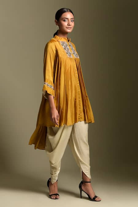 Two Sisters By Gyans_Yellow Dhoti Satin, Kurta Crepe Sequins Stand Collared Neck Asymmetric And Set _Online_at_Aza_Fashions