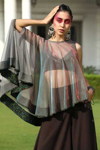 Shilpi Gupta_Brown Bustier Sequinned Fabric, Cape Sheer, Trousers Dolby Satin Flared Set_Online_at_Aza_Fashions